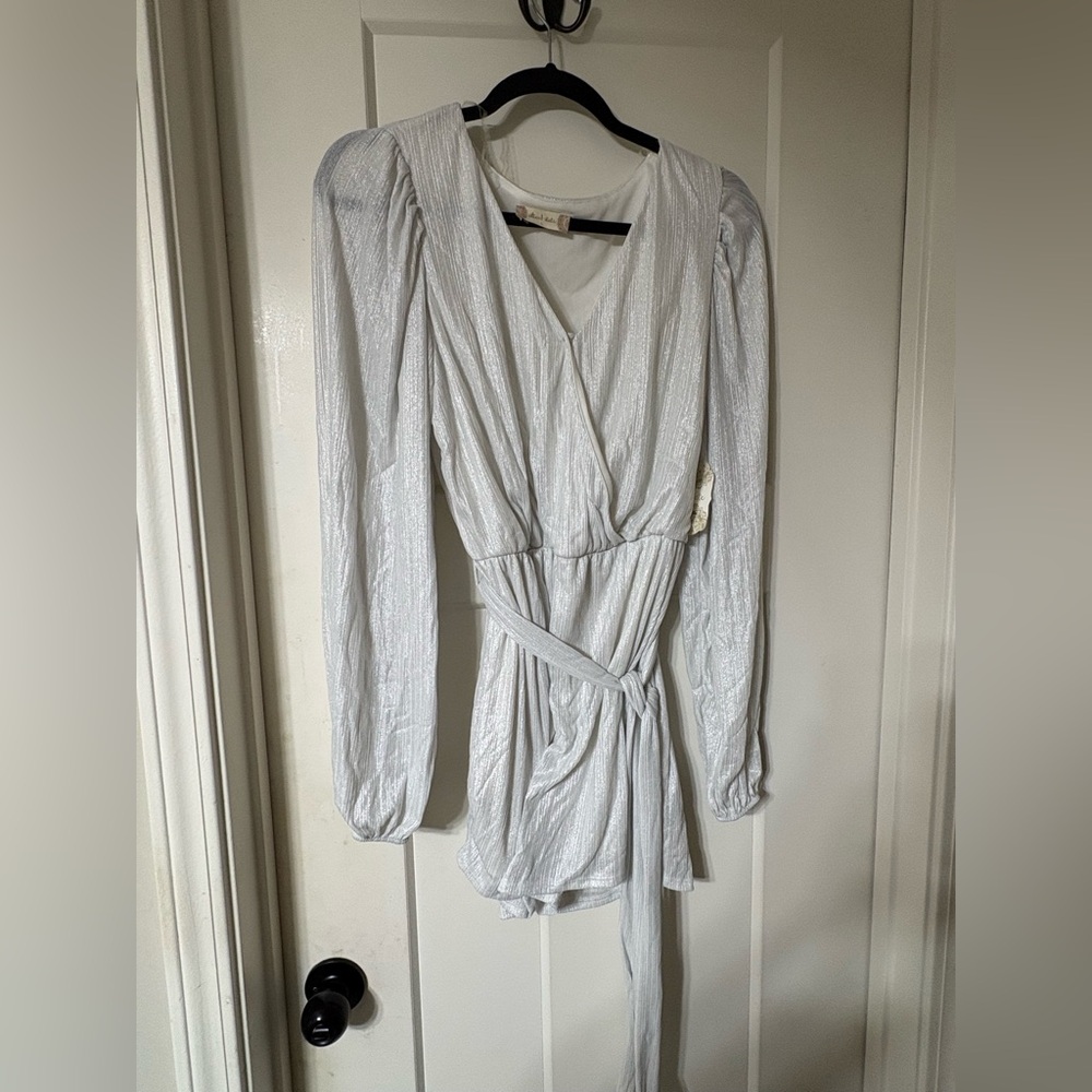 Altar’d State NWT Silver Shimmer Long-Sleeve Wrap Romper